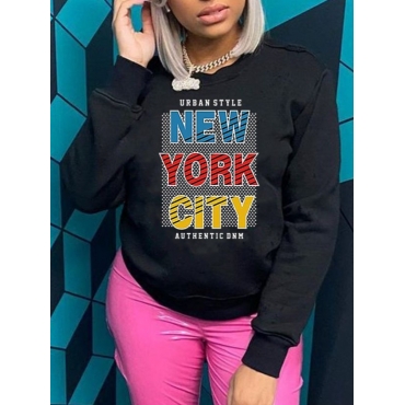 

LW Round Neck Letter Print Hoodie, Black