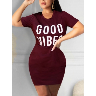 

LW Round Neck Letter Print Dress, Wine red