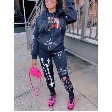 

LW Casual Hooded Collar Letter Print Black Two Piece Pants Set