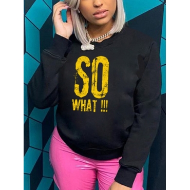 

LW COTTON Round Neck Letter Print Hoodie, Black