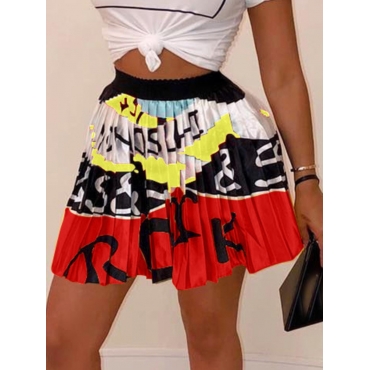

LW BASICS Letter Print Pleated A Line Skirt, Red