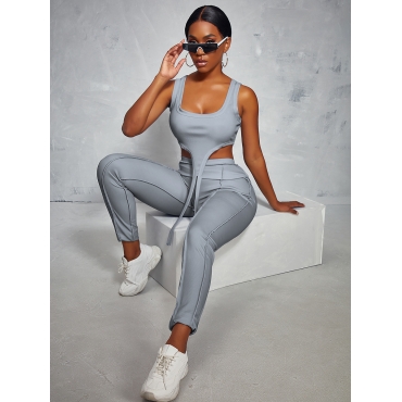 

LW Crop Top Asymmetrical Two Piece Pants Set, Grey