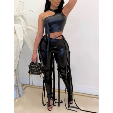

LW Faux Leather One Shoulder Tassel Design Pants Set, Black