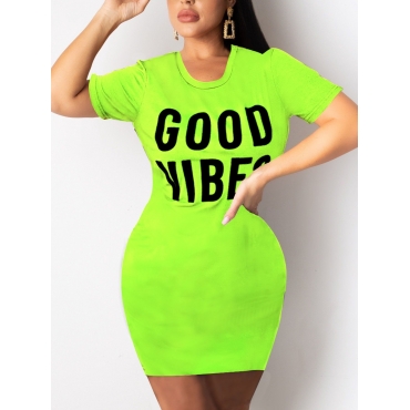

LW BASICS Round Neck Letter Print Dress, Green