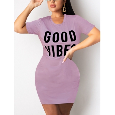 

LW BASICS Round Neck Letter Print Dress, Purple