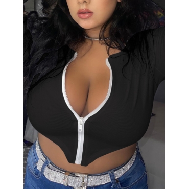 

LW Plus Size Round Neck Zipper Design T-shirt, Black