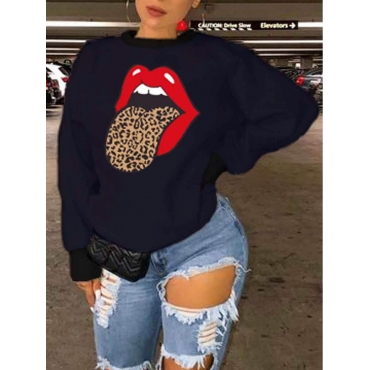 

LW Plus Size Casual O Neck Lip Print Black Hoodie