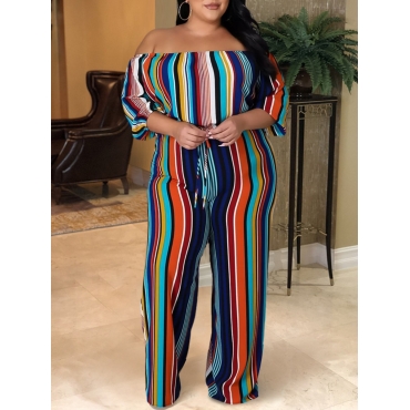 

LW Plus Size Off The Shoulder Striped Jumpsuit, Blue