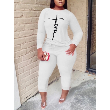 

LW Plus Size Faith Drawing Letter Print Drawstring Pants Set, White