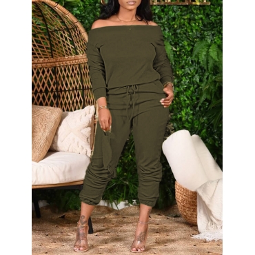 

LW Plus Size Off The Shoulder Lace-up Pants Set, Green