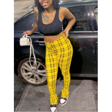 

LW Casual U Neck Plaid Print Fold Design Yellow Two Piece Pants Set