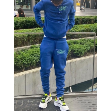 

LW Men Letter Print Kangaroo Pocket Sweatsuit Set, Royalblue