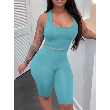 

LW U Neck High-waisted Shorts Set, Baby blue
