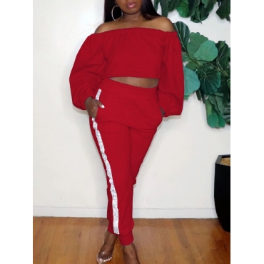 

LW Off The Shoulder Striped Pants Set, Red