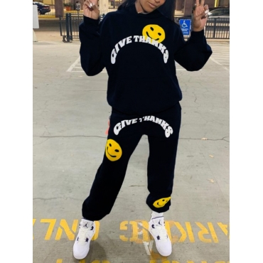 

LW Cartoon Letter Print Sweatsuit Set, Black