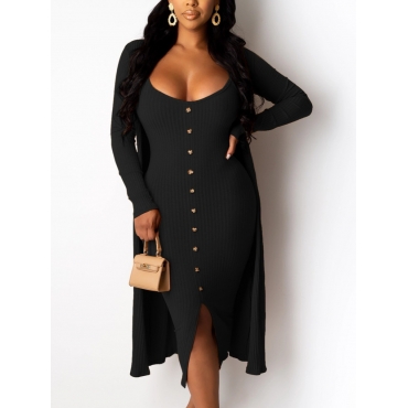 

LW Rib-Knit Button Design Dress Set, Black