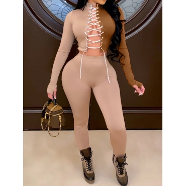 

LW Bandage Hollow-out Design Pants Set, Light camel