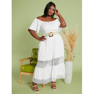

Lovely Plus Size Off The Shoulder Mesh A Line Dress (Without Belt), White