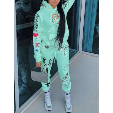 

LW Sportswear Hooded Collar Print Green Two Piece Pants Set