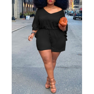 

LW Plus Size Batwing Sleeve Drawstring Shorts Set, Black