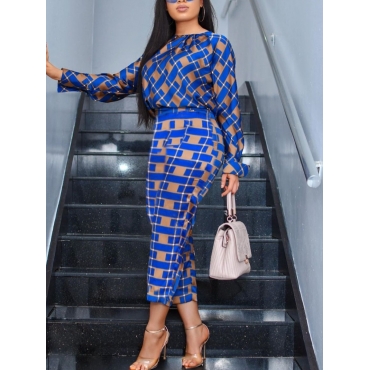 

LW Round Neck Geometric Print Pants Set, Blue