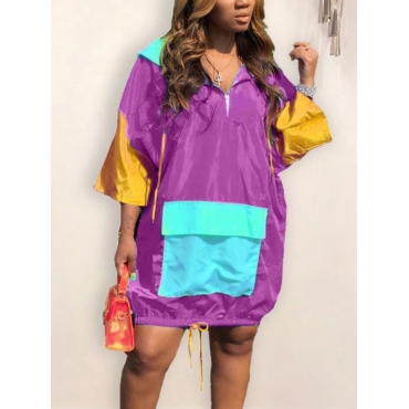 

LW Plus Size Hooded Collar Color-lump Dress, Purple