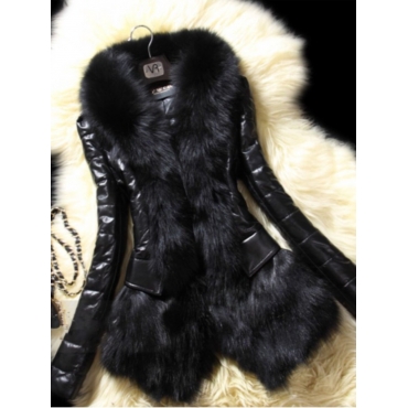 

LW Fashion Patchwork Long Sleeves Faux Fur Coat, Black