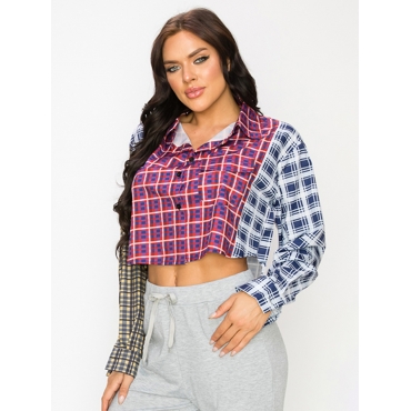 

LW Stylish Turndown Collar Grid Print Patchwork Deep Blue Blouse