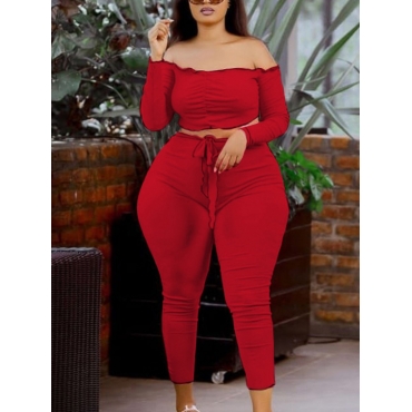 

LW Plus Size Off The Shoulder Crop Top Pants Set, Red