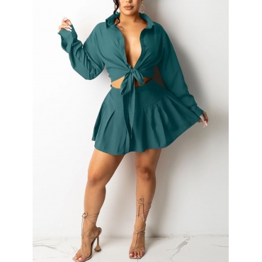 

LW SXY Turndown Collar Flounce Design Skirt Set, Green