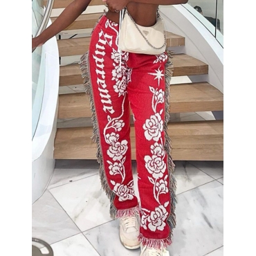 

LW Floral Letter Print Tassel Design Pants, Bright red