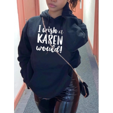 

LW BASICS Letter Print Kangaroo Pocket Hoodie, Black
