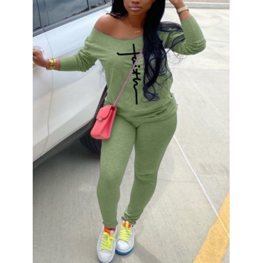 

LW Drop Shoulder Letter Print Pants Set, Green