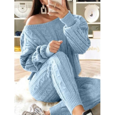 

LW Sweater Drop Shoulder Cable Knit Pants Set, Skyblue