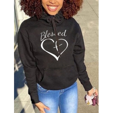 

LW BASICS Letter Print Kangaroo Pocket Hoodie, Black