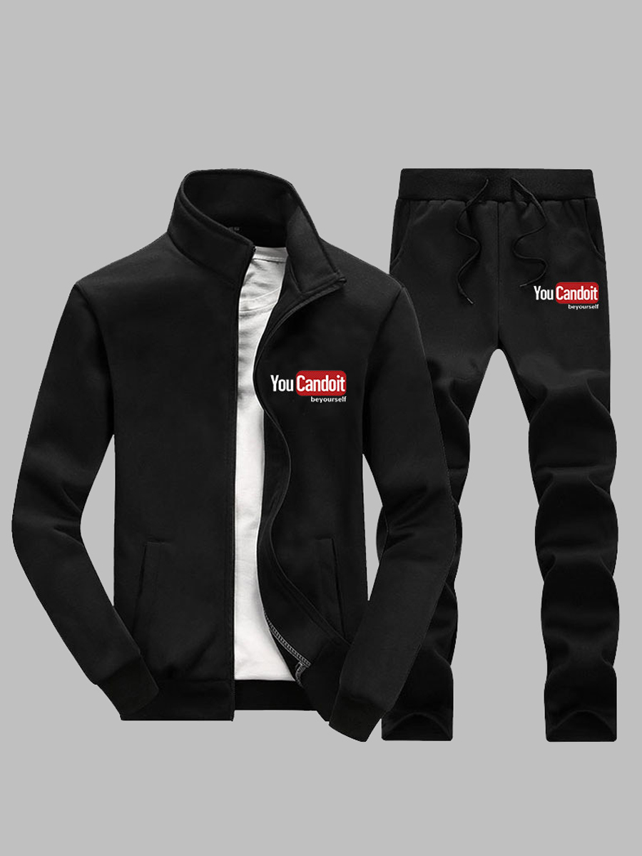 

LW Men Letter Print Drawstring Tracksuit Set, Black