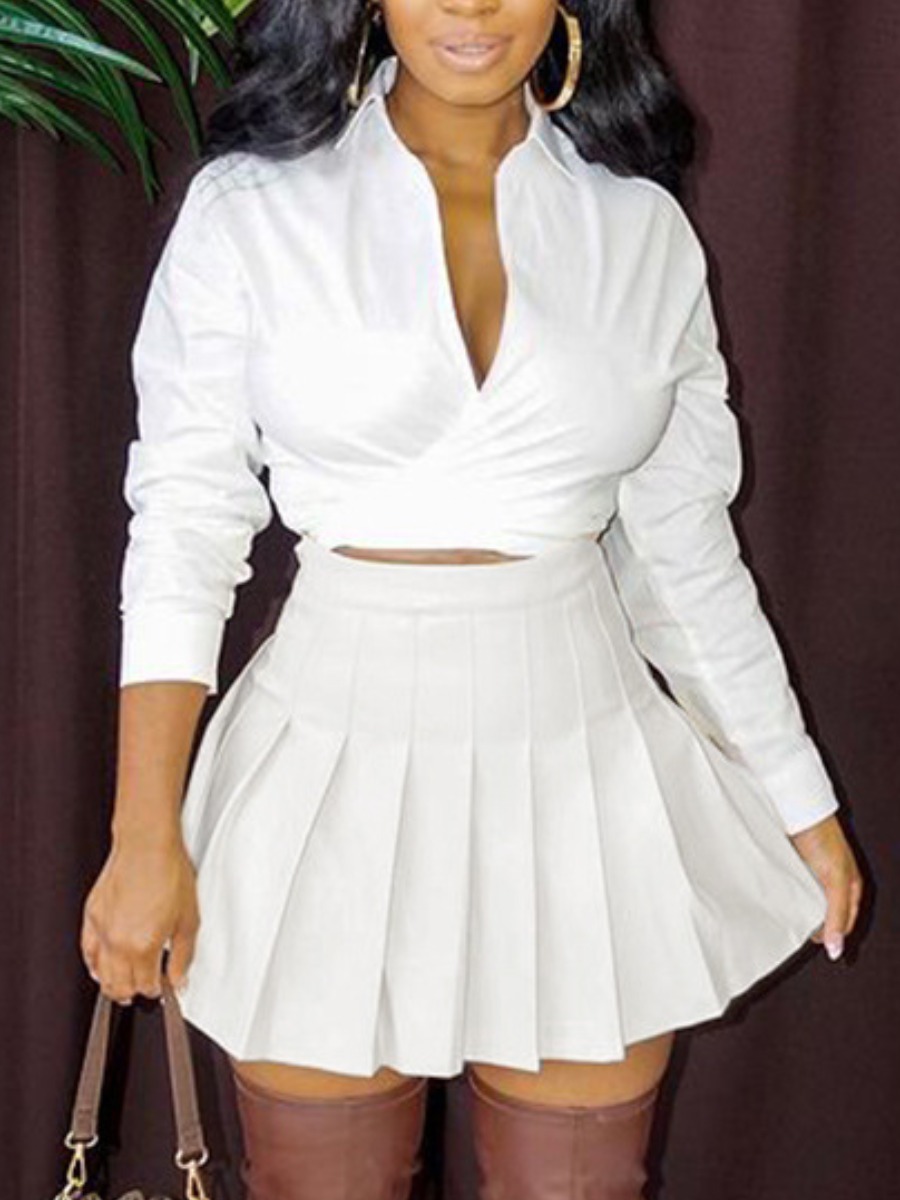 

LW Ruched Pleated Solid Skirt Set, White