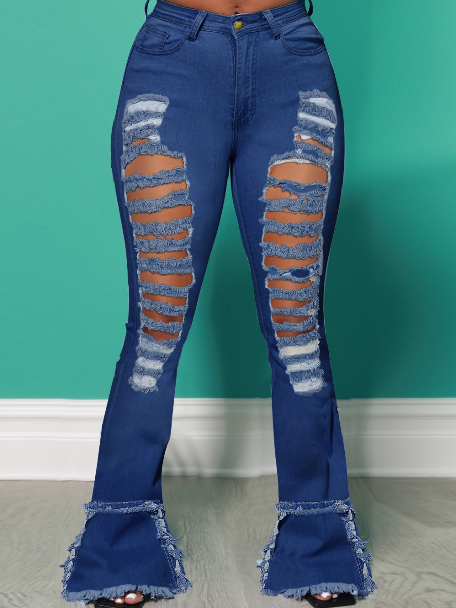 LW Ripped Solid Flared Jeans
