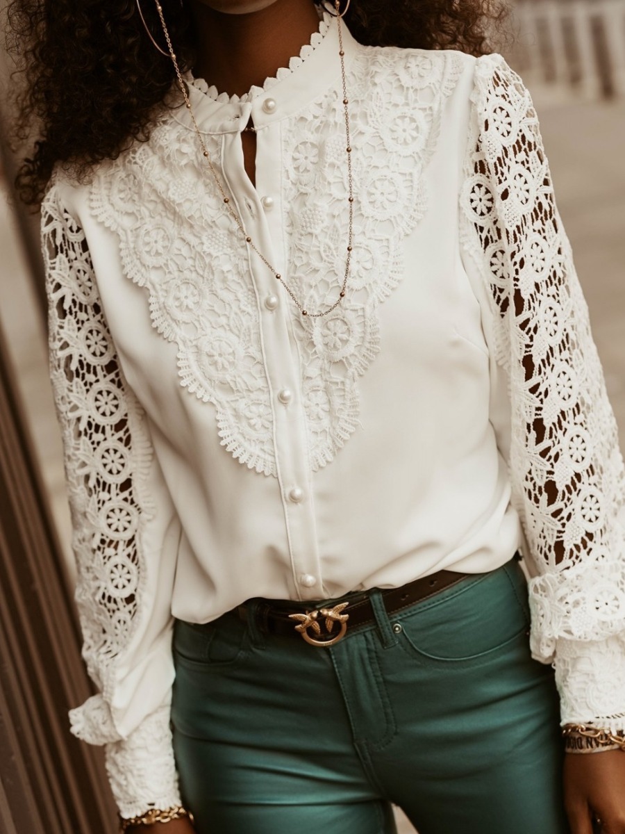 

LW Lace Hollow-out Button Design Blouse, White