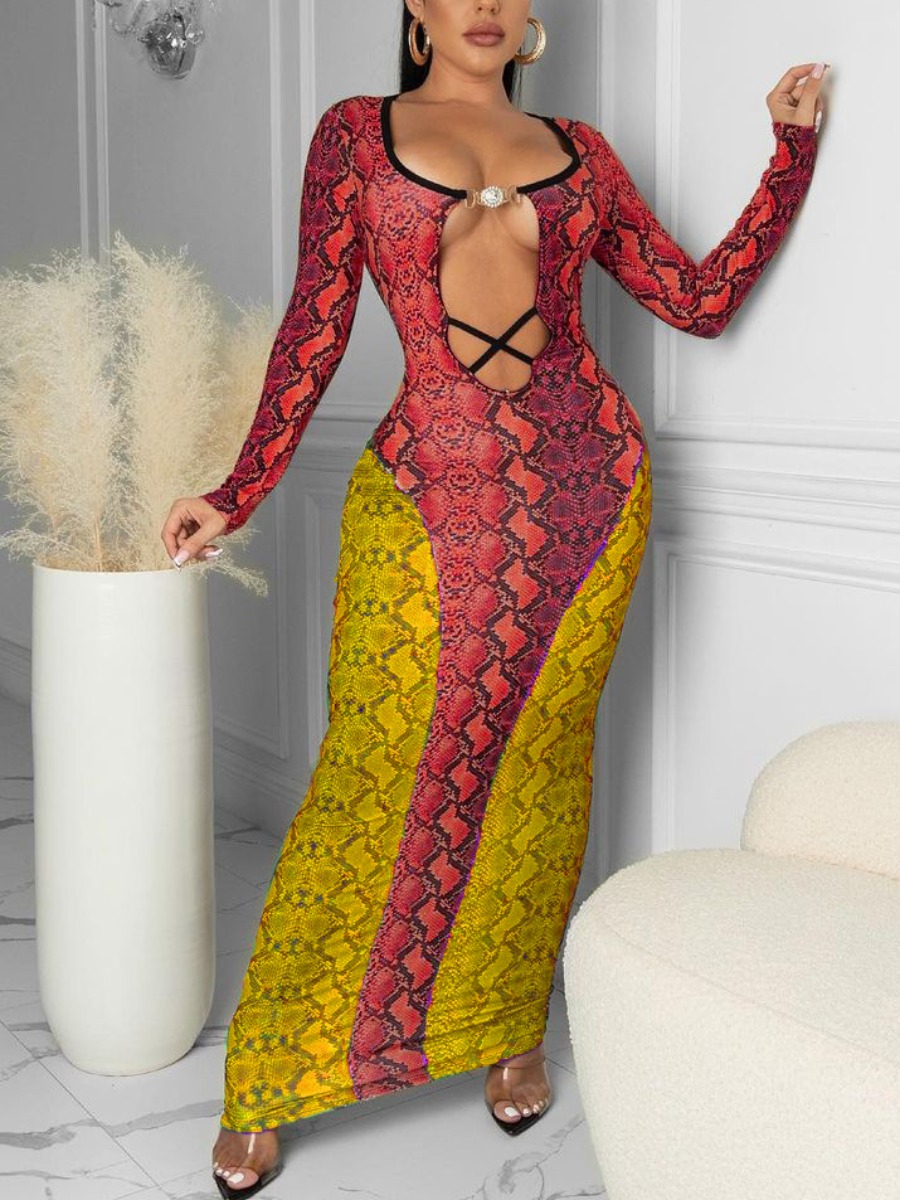 

LW SXY Hollow-out Design Print Bodycon Dress, Red