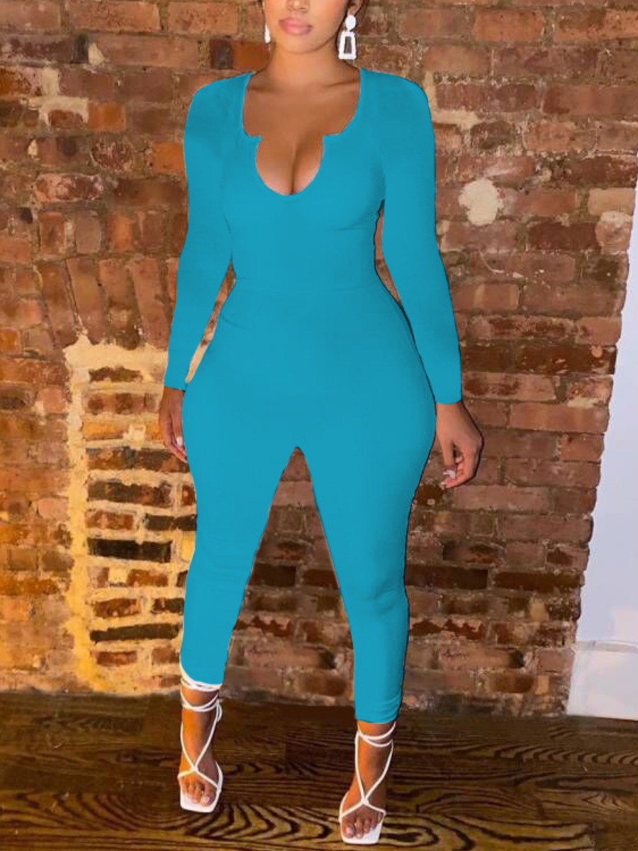 

LW BASICS Notch Neck Skinny Jumpsuit, Blue
