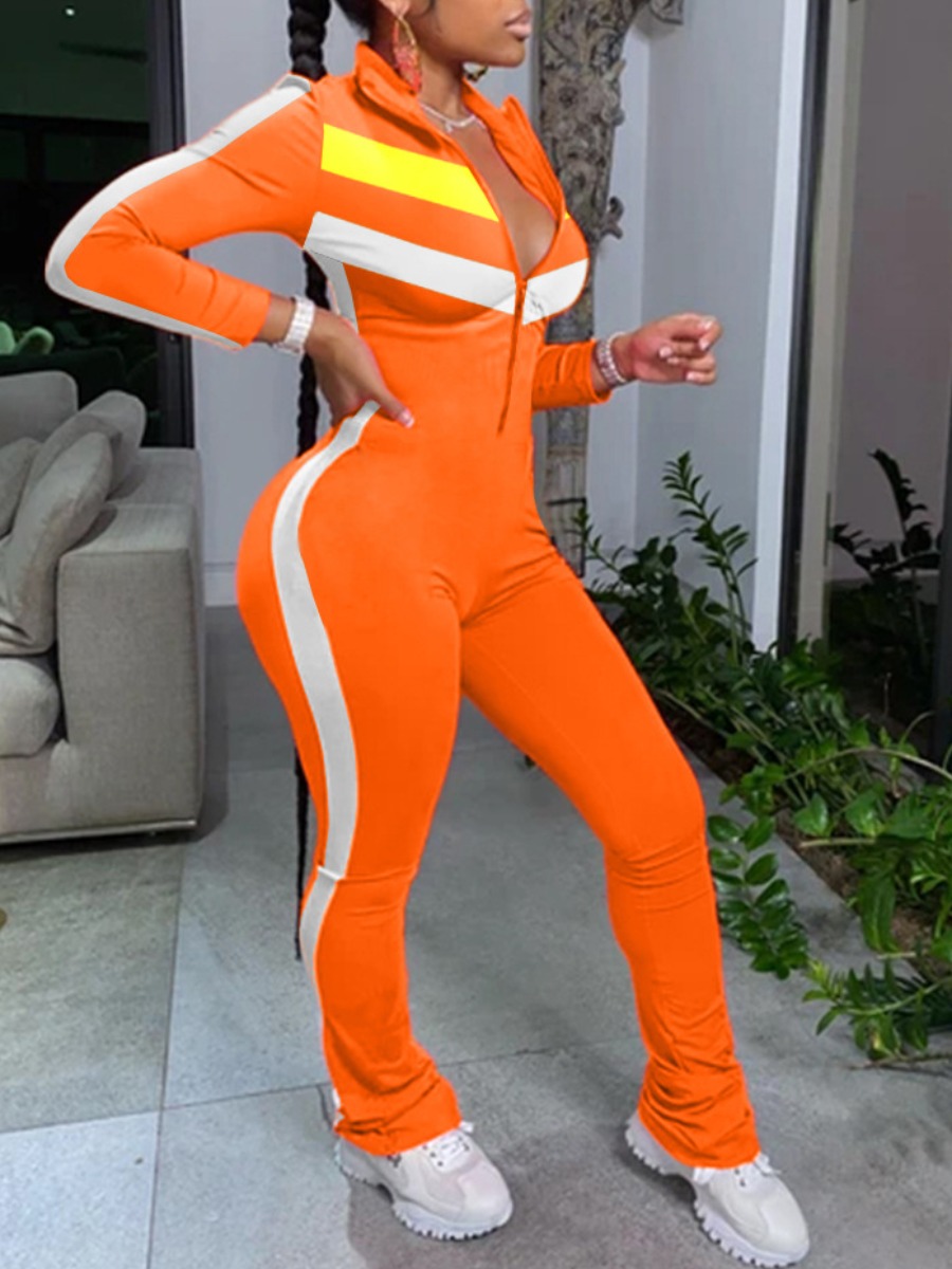 

LW Striped Patchwork Zipper Design Jumpsuit, Orange