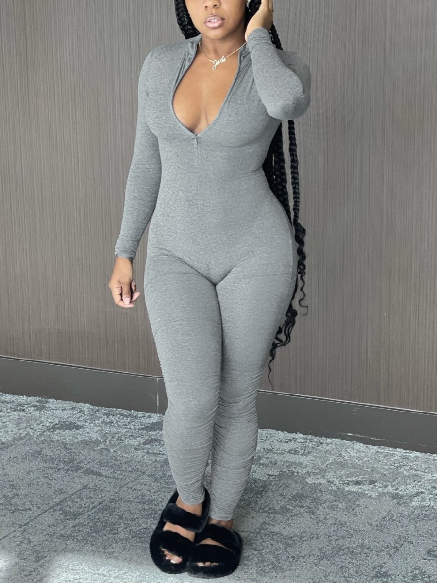 

LW BASICS Zipper Design Skinny Jumpsuit, Grey