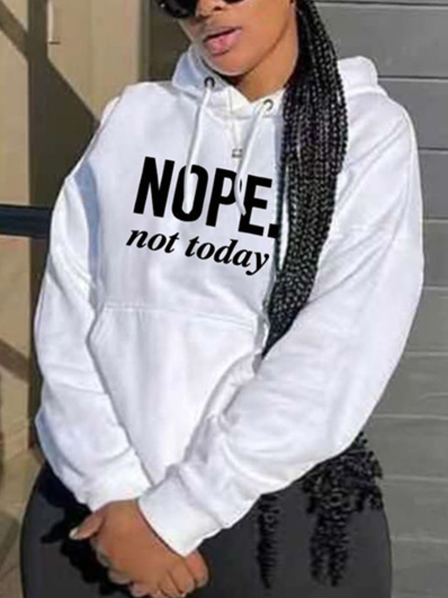 

LW Plus Size Letter Print Kangaroo Pocket Hoodie, White