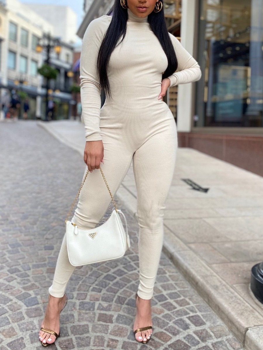 

LW SXY Turtleneck Backless Basic Skinny Jumpsuit, White