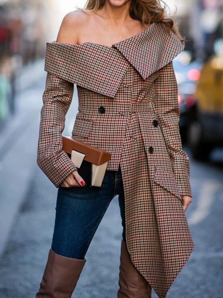 

LW Button Design Plaid Asymmetrical Jacket, Light tan