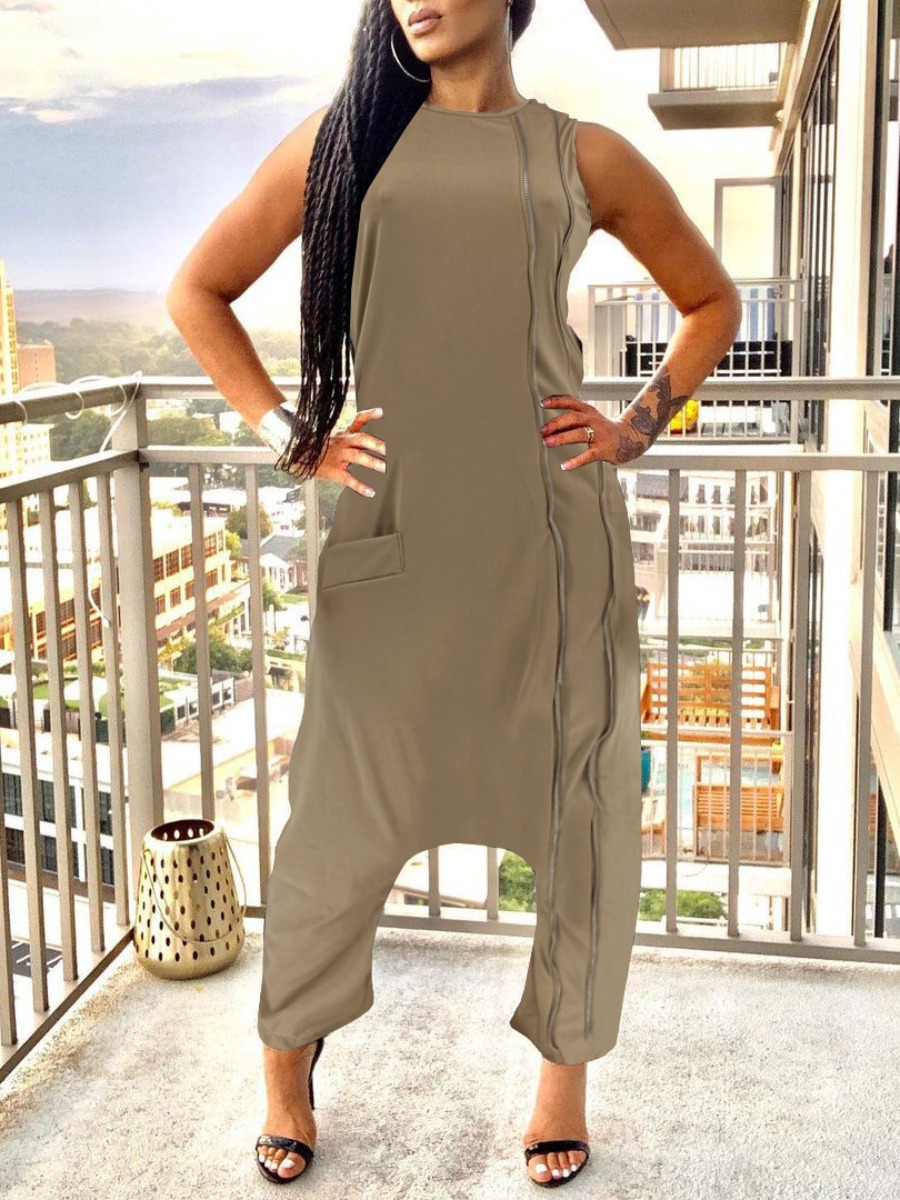 LW Pocket Design Striped Baggy Jumpsuit, Khaki