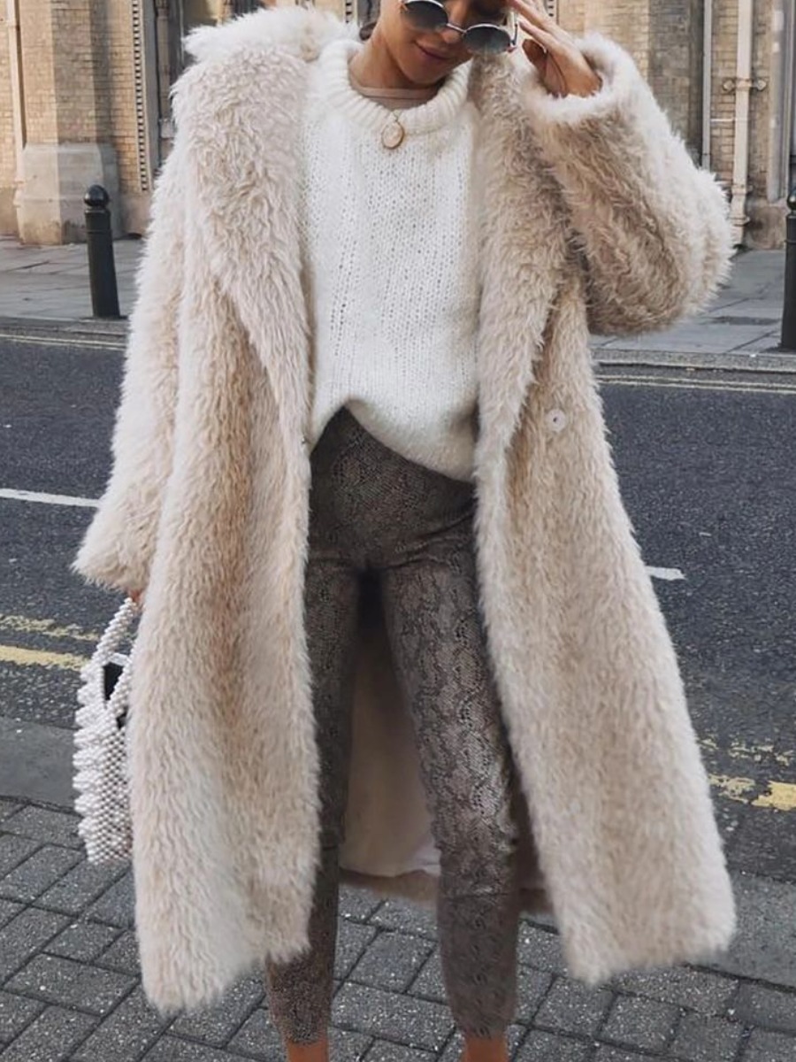 

LW Lapel Neck Single Button Oversized Faux Fur, Beige