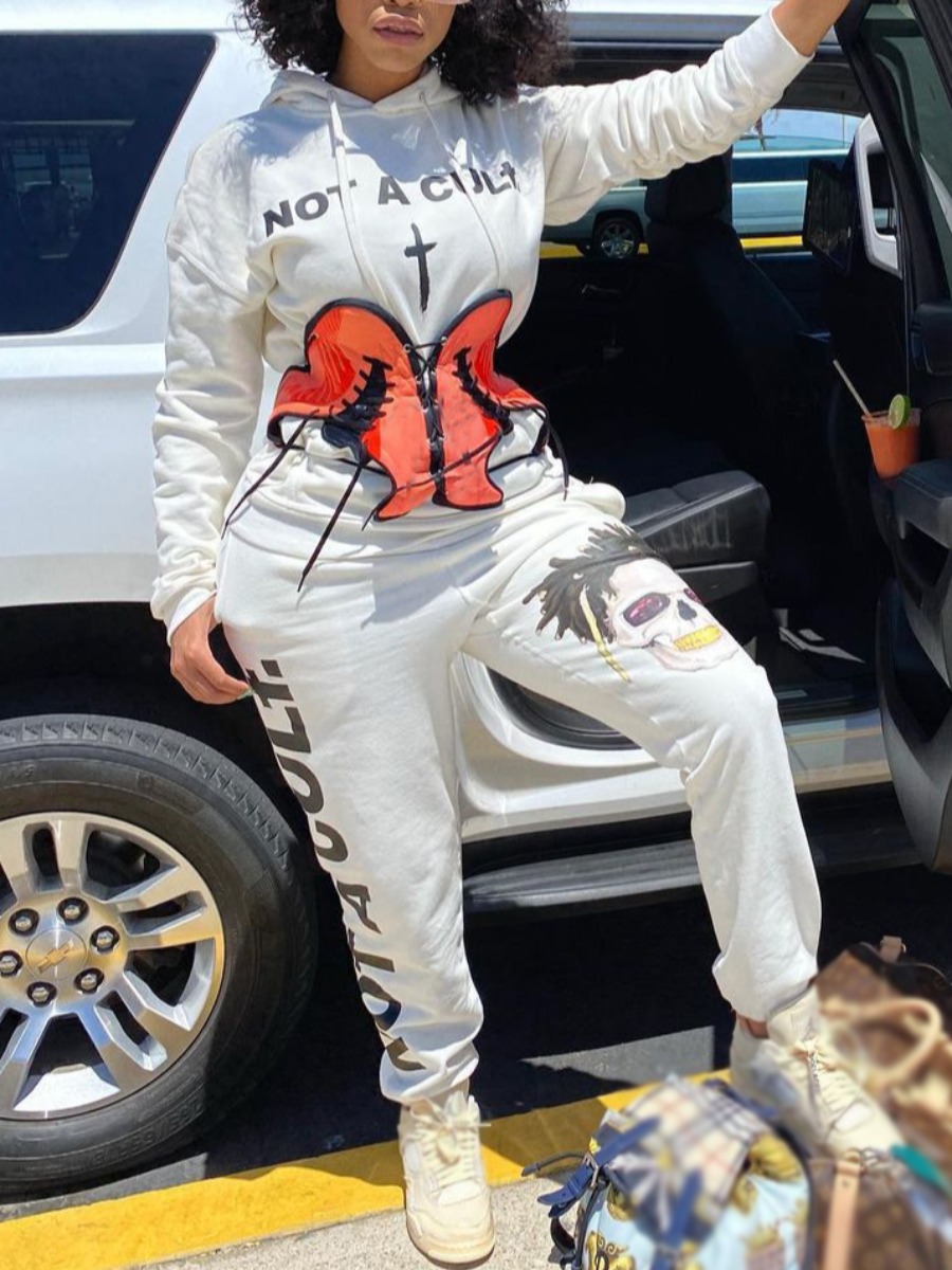 

LW Sweat Pullover Skull Letter Print Tracksuit Set, White