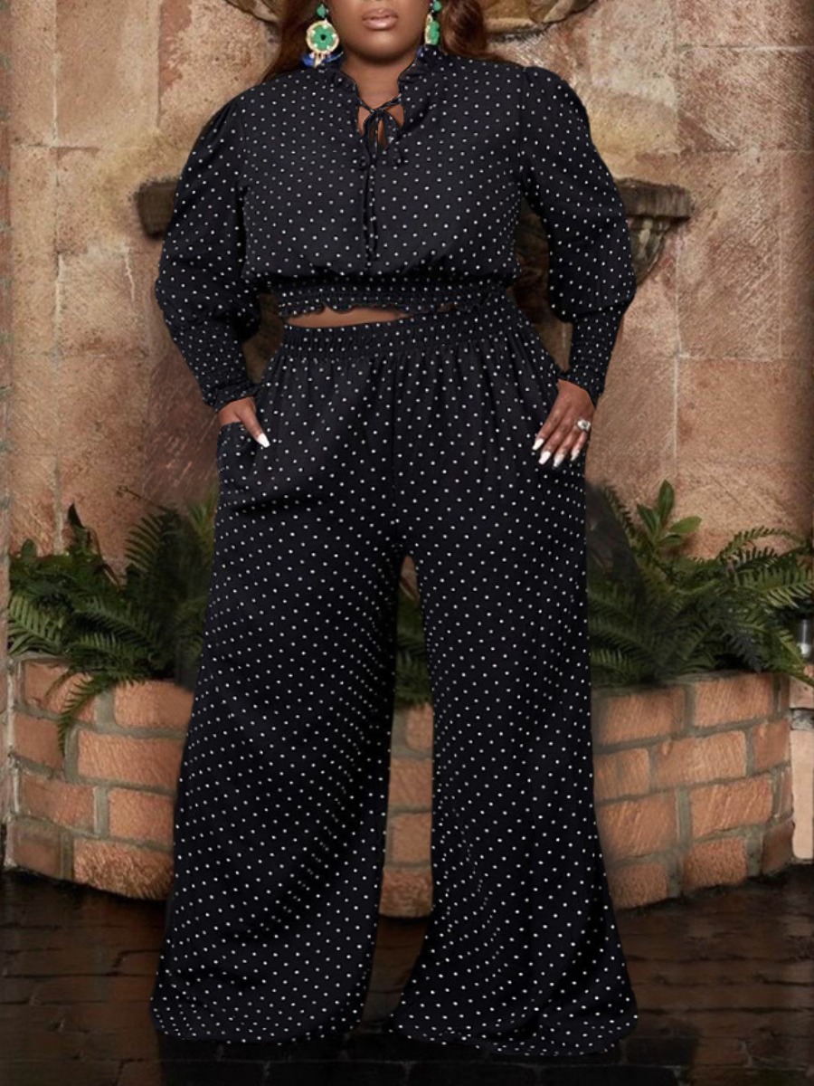 

LW Plus Size Polka Dot Cropped Wide Leg Pants Set, Black